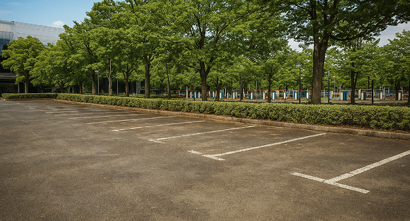A dirty parking lot before pressure washing