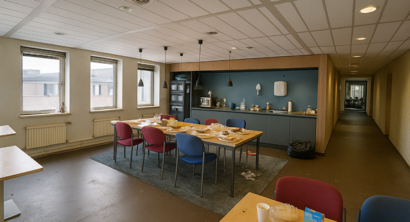 A shared tenant space before tenant space services covered in trash