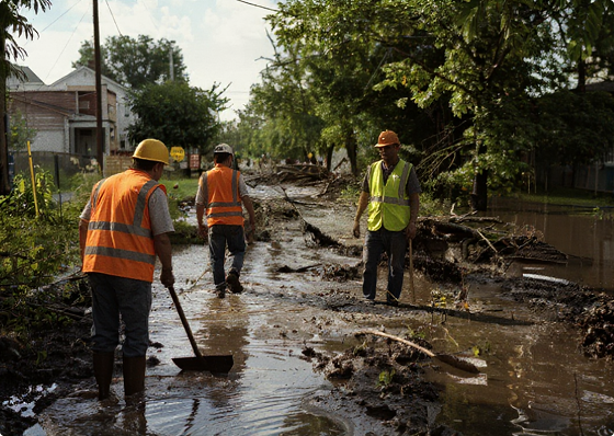 Storm water division professionals at work performing clean up and repair after storm flooding