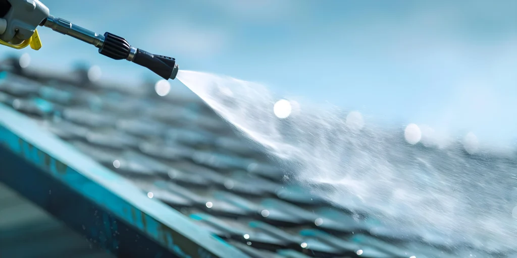 Close-up-of-soft-washing-in-action-spraying-water-to-clean-a-blue-residential-roof-scaled