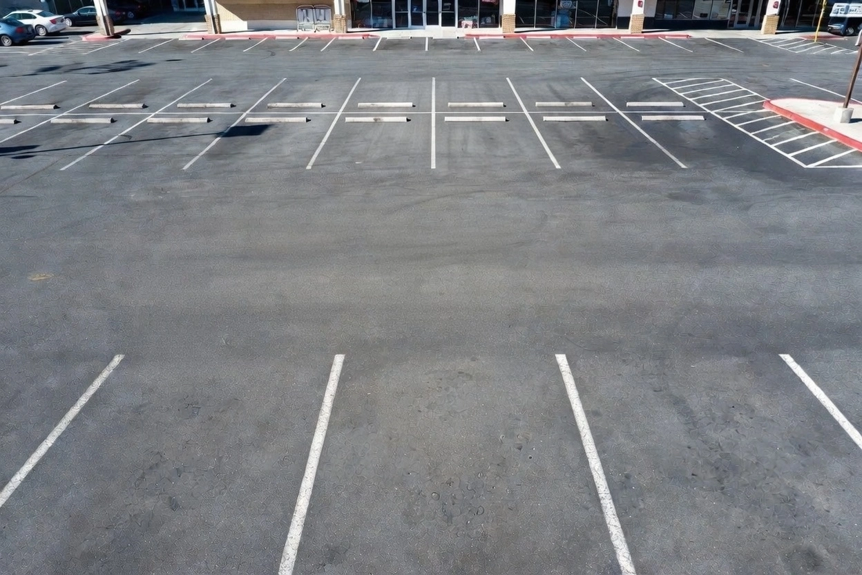 Empty asphalt parking lot with freshly painted white parking lines and concrete wheel stops in a commercial area.