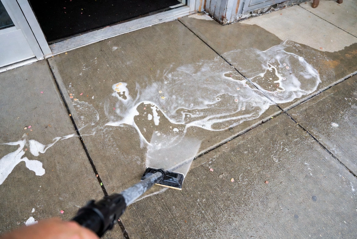 Pressure washing entrance sidewalk in front of a commercial door – thick white foam and soap being applied to remove dirt and stains.