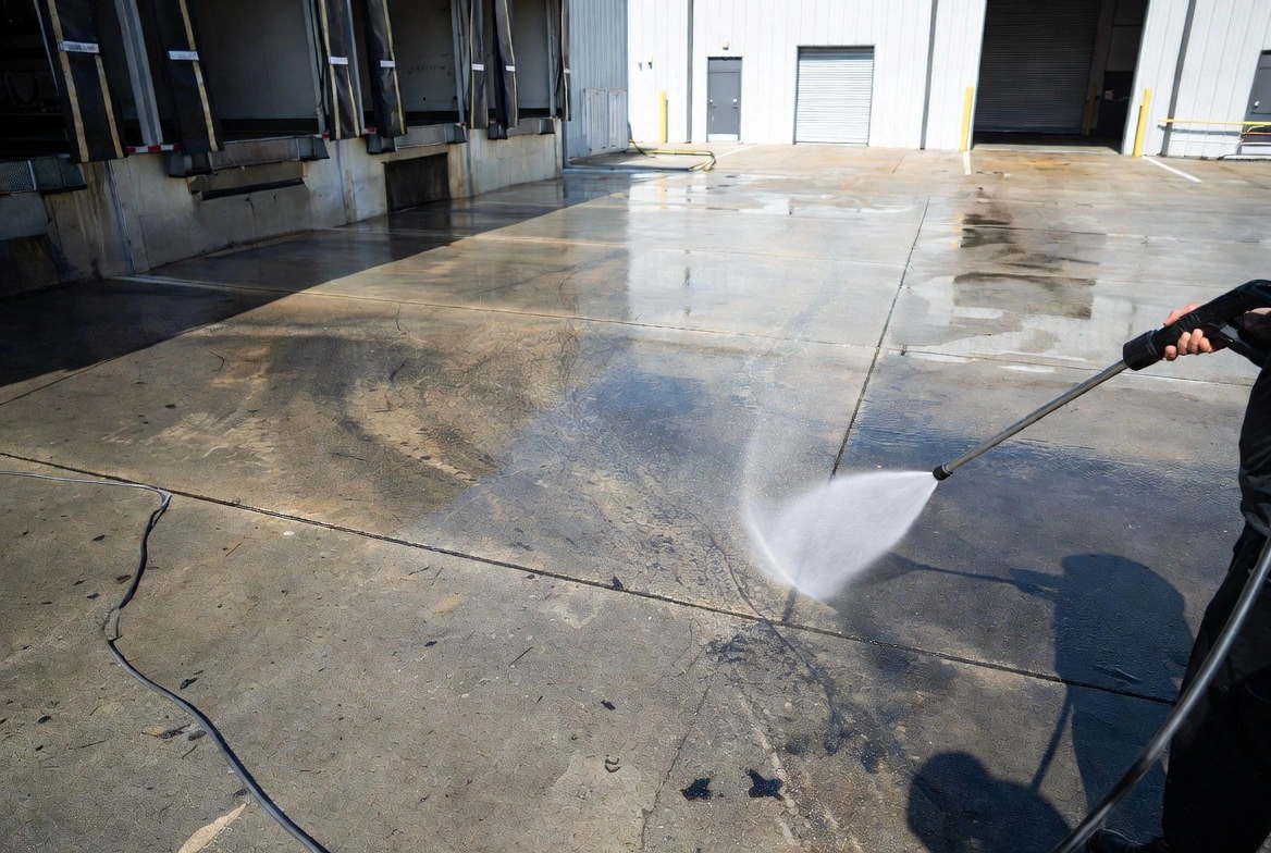 Commercial pressure washing service in progress: workers with hoses and truck-mounted equipment cleaning a large parking lot under bright blue sky.
