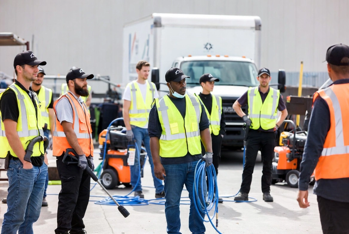 Group of professional pressure washing crew in high-visibility yellow and orange safety vests discussing equipment near a large commercial building and delivery truck.