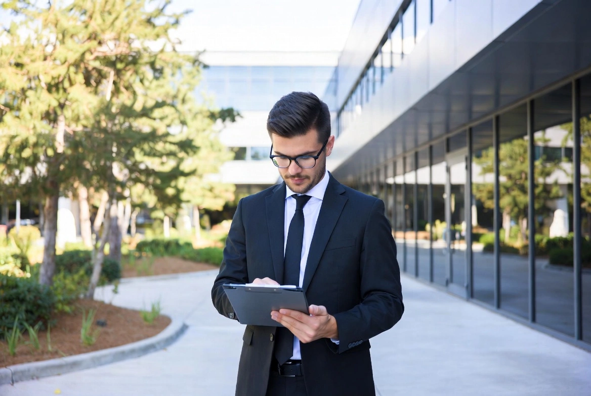 Young businessman in a black suit and glasses standing outside a modern glass office building, checking notes on a tablet.