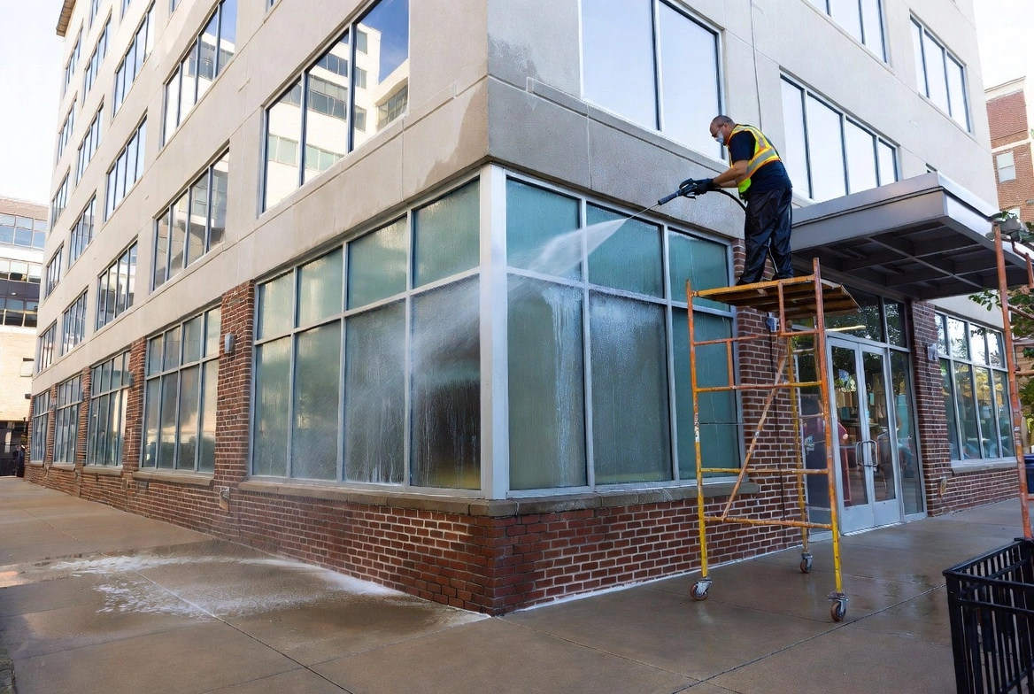 Worker in safety gear standing on a scaffold, using a pressure washer to clean the exterior glass windows and brick facade of a multi-story urban building