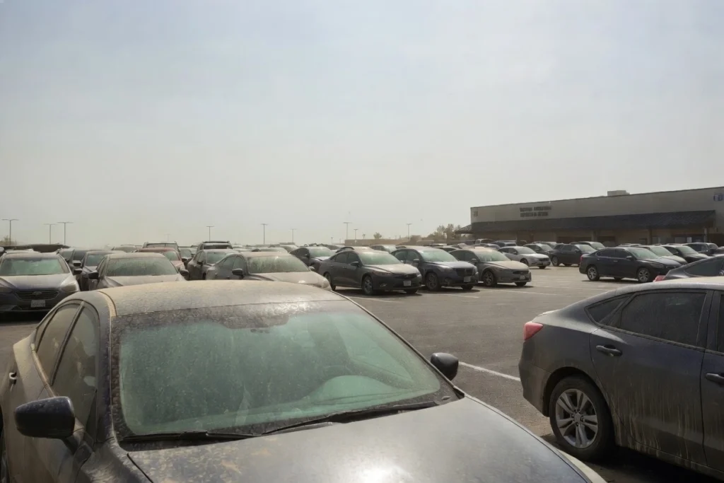 Dusty cars covered in thick dirt parked in a large sunny parking lot