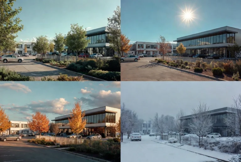 Four-season collage of modern office buildings and parking areas in spring, summer, autumn and winter