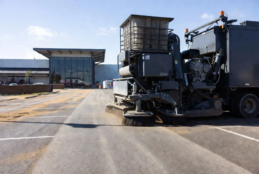 Street sweeper machine cleaning asphalt in an empty parking area