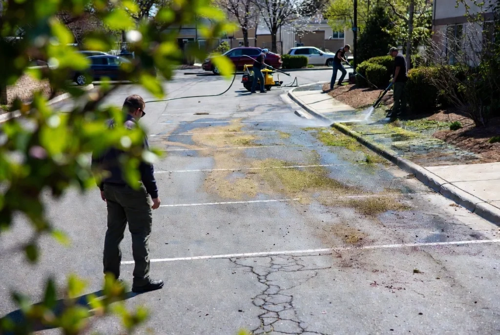 Workers pressure washing and cleaning a dirty, algae-covered parking lot with hoses and equipment