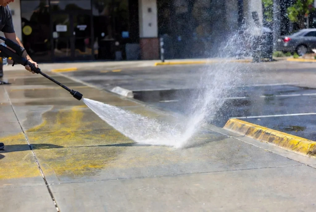 Pressure washing yellow stains off concrete pavement in a parking lot