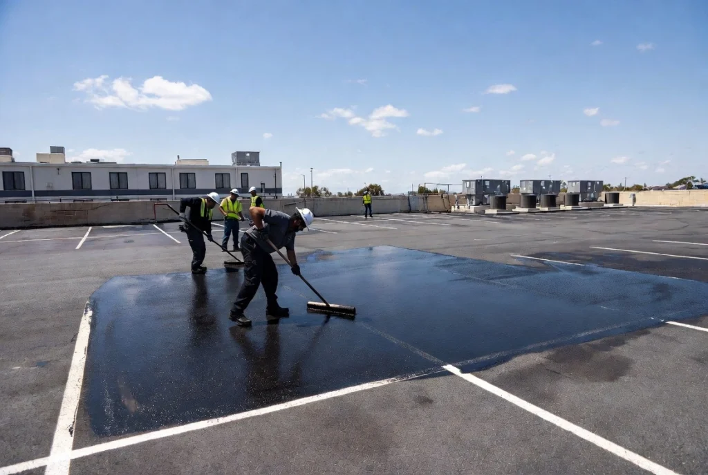 Workers in safety gear using squeegees to push water off a large puddle on a rooftop parking lot