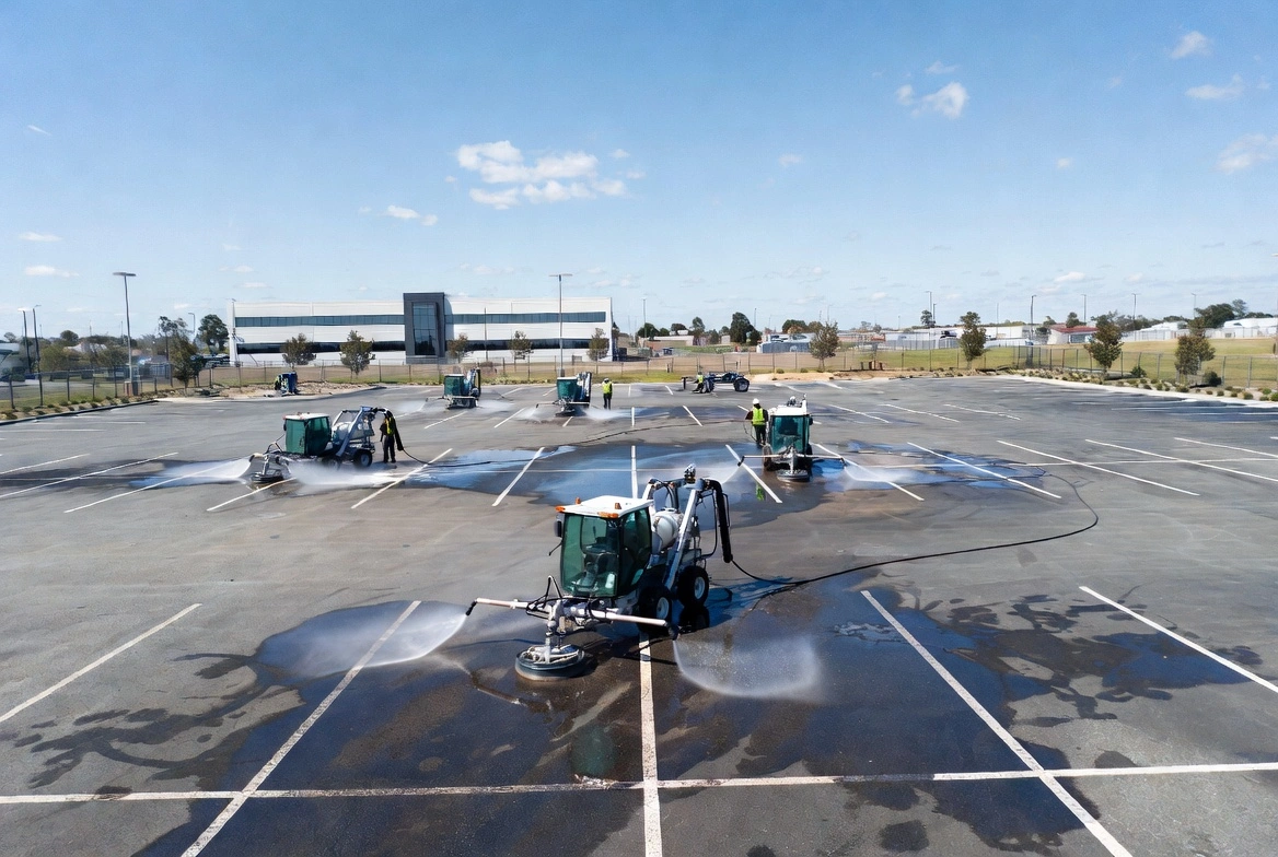 Close-up of a pressure washing gun spraying water and foam onto a dirty concrete entrance area near a storefront with WELCOME and brand signage