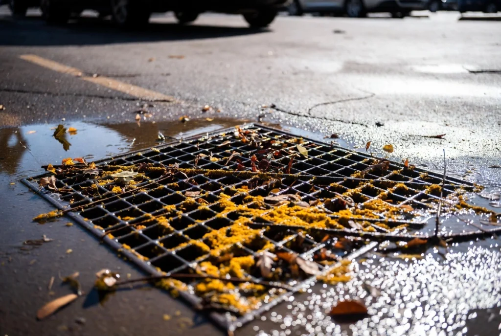 Clogged storm drain grate filled with yellow pollen and wet leaves