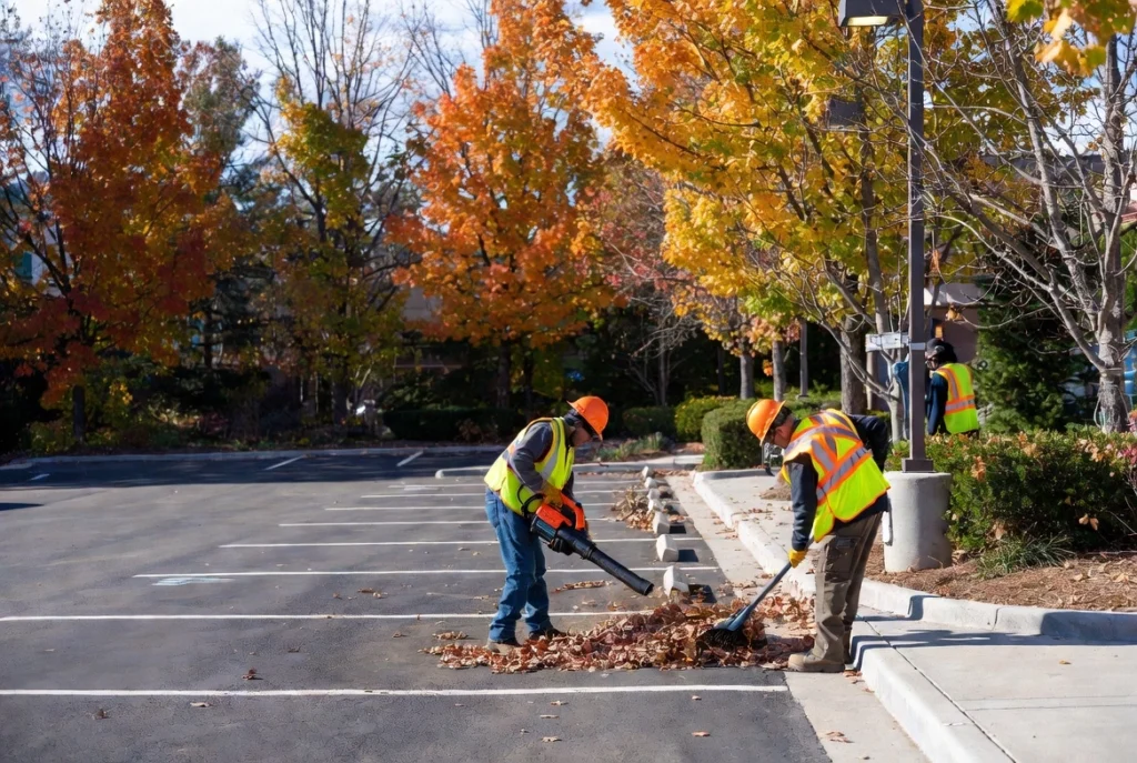 Workers in orange hard hats cleaning fallen autumn leaves from a parking lot using a leaf blower and broom