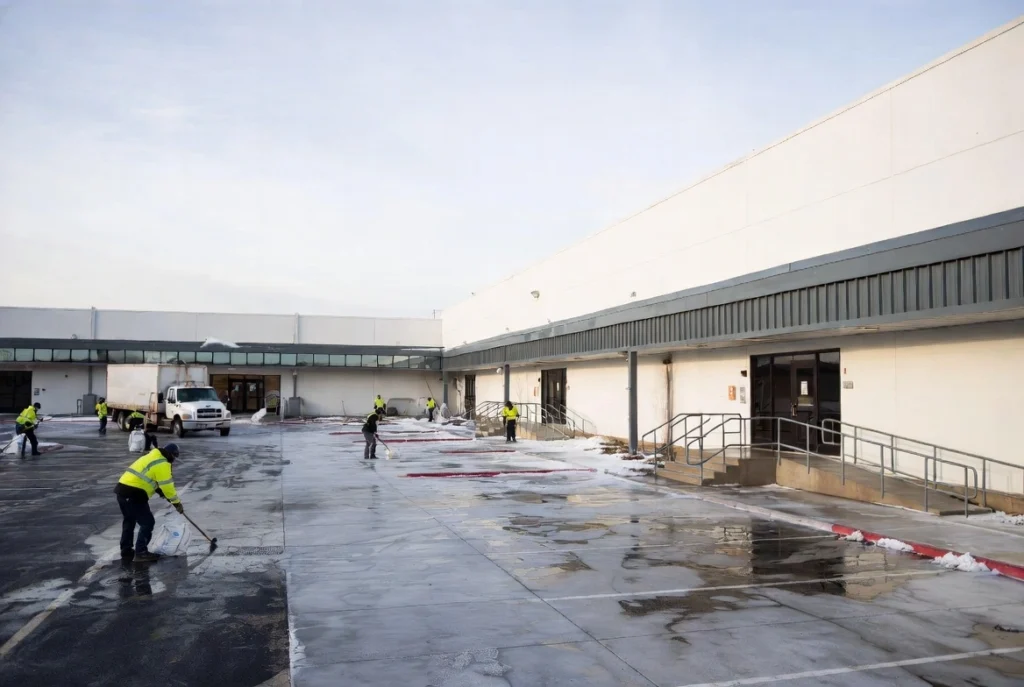 Crew in safety vests clearing snow and ice from a large commercial building parking lot in winter