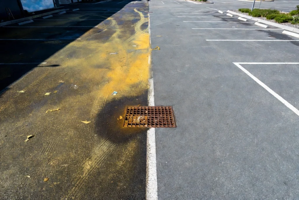 Yellow pollen stains on wet asphalt next to a parking lot drain grate