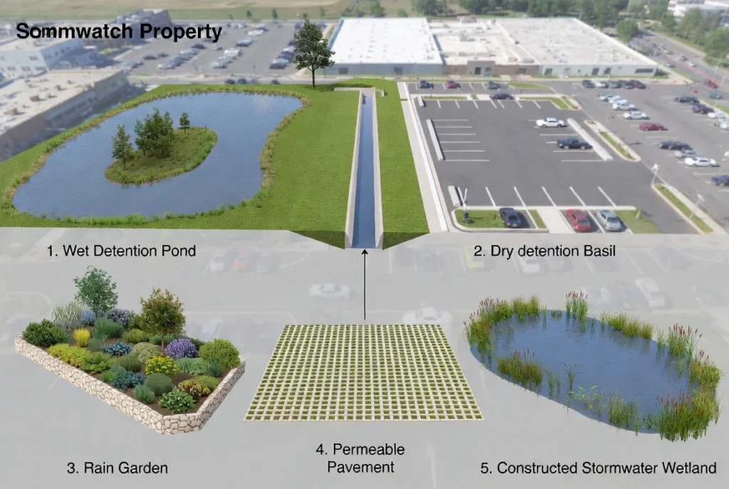 Diagram of sustainable stormwater management system with wet pond, rain garden and permeable pavement