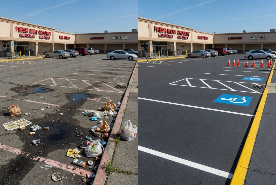 Before and After view of a store parking lot, littered with trash and puddles versus clean, well-marked parking spaces with traffic cones