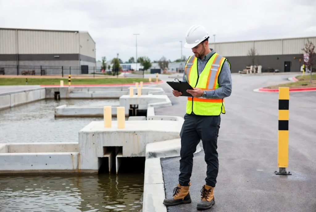 Engineer in safety vest and hard hat inspecting a stormwater management facility