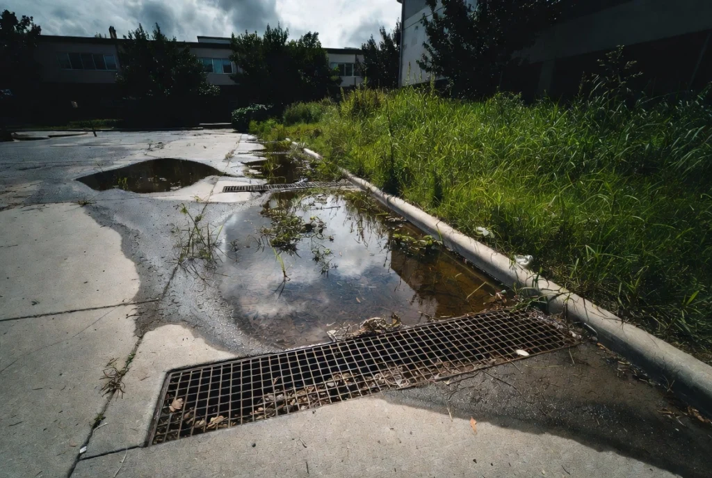 Flooded parking lot with dirty water and clogged storm drain, showing poor drainage