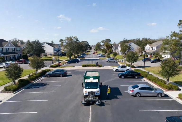 Aerial view of a green and white street sweeper truck cleaning a large parking lot in a sunny suburban