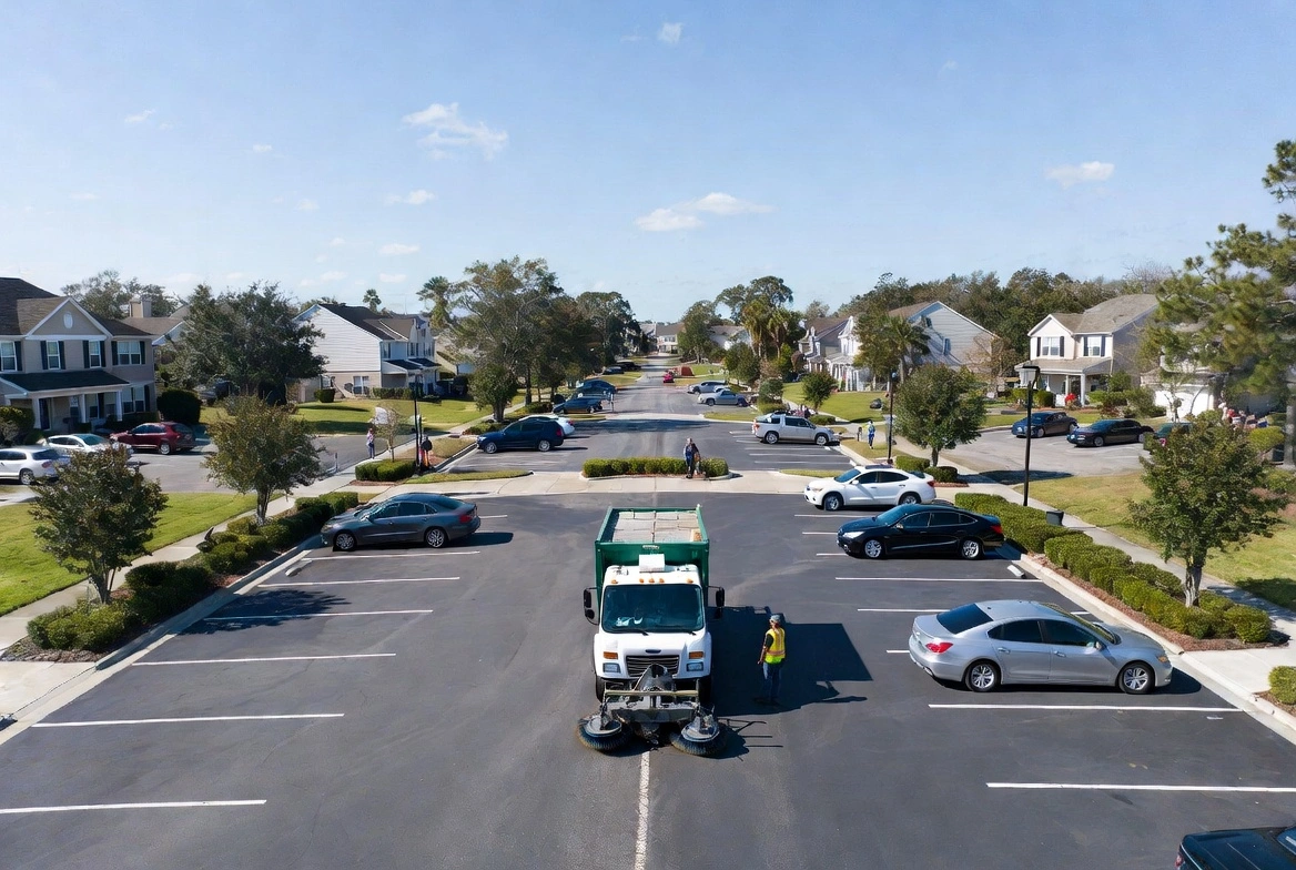 Aerial view of a green and white street sweeper truck cleaning a large parking lot in a sunny suburban neighborhood