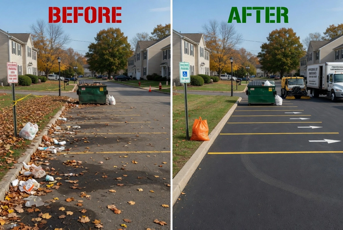 Before and After comparison of a dirty leaf-strewn parking lot versus the same area cleaned by a street sweeper truck