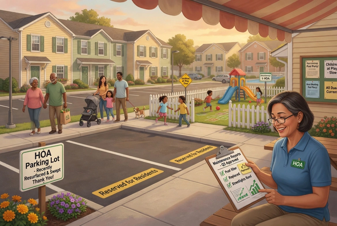 Illustration of a friendly HOA staff member with clipboard in a clean suburban neighborhood with residents, children, and well-maintained streets