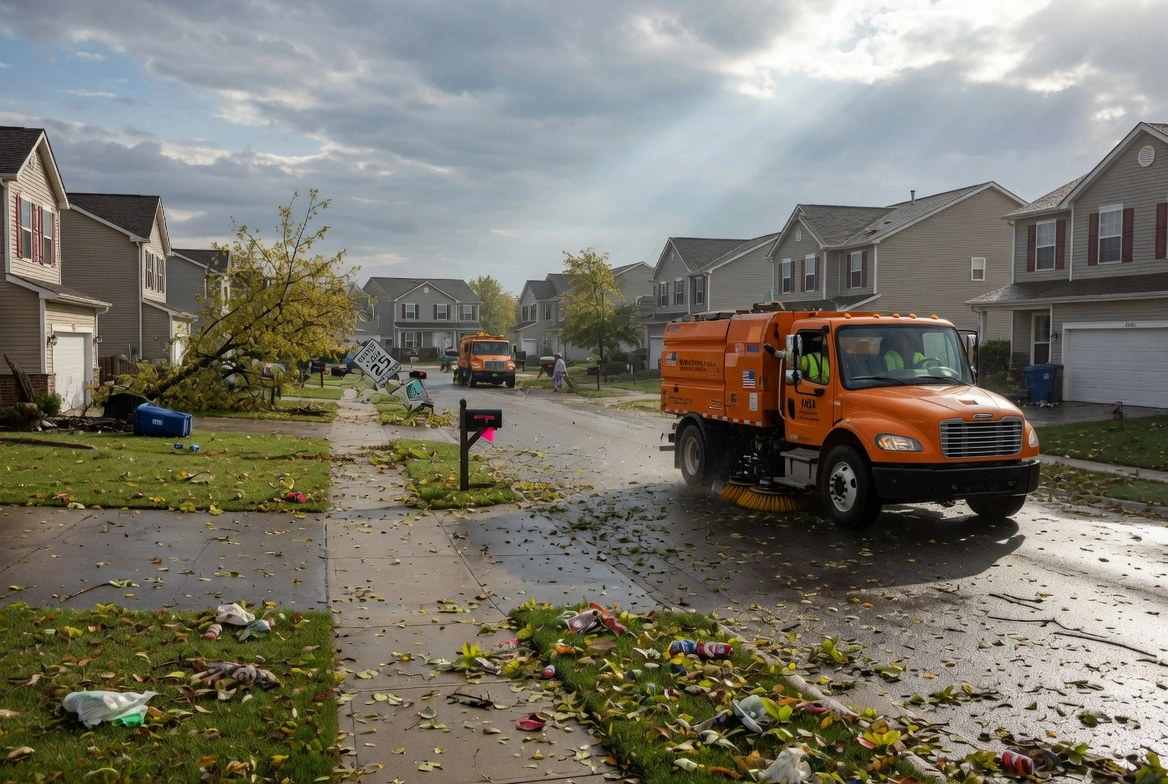 Orange street sweeper truck cleaning a suburban street covered with fallen leaves and storm debris after bad weather
