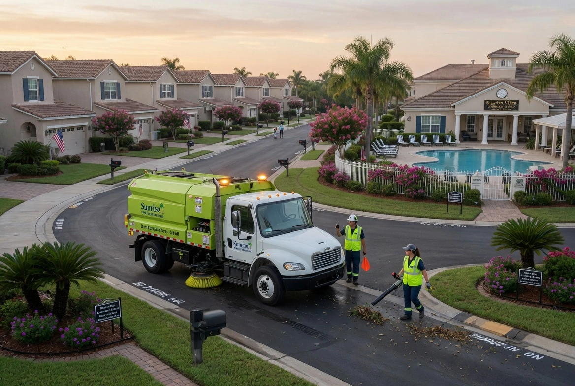 Green and white street sweeper truck and workers cleaning streets in a beautiful planned community with palm trees and a swimming pool at sunset