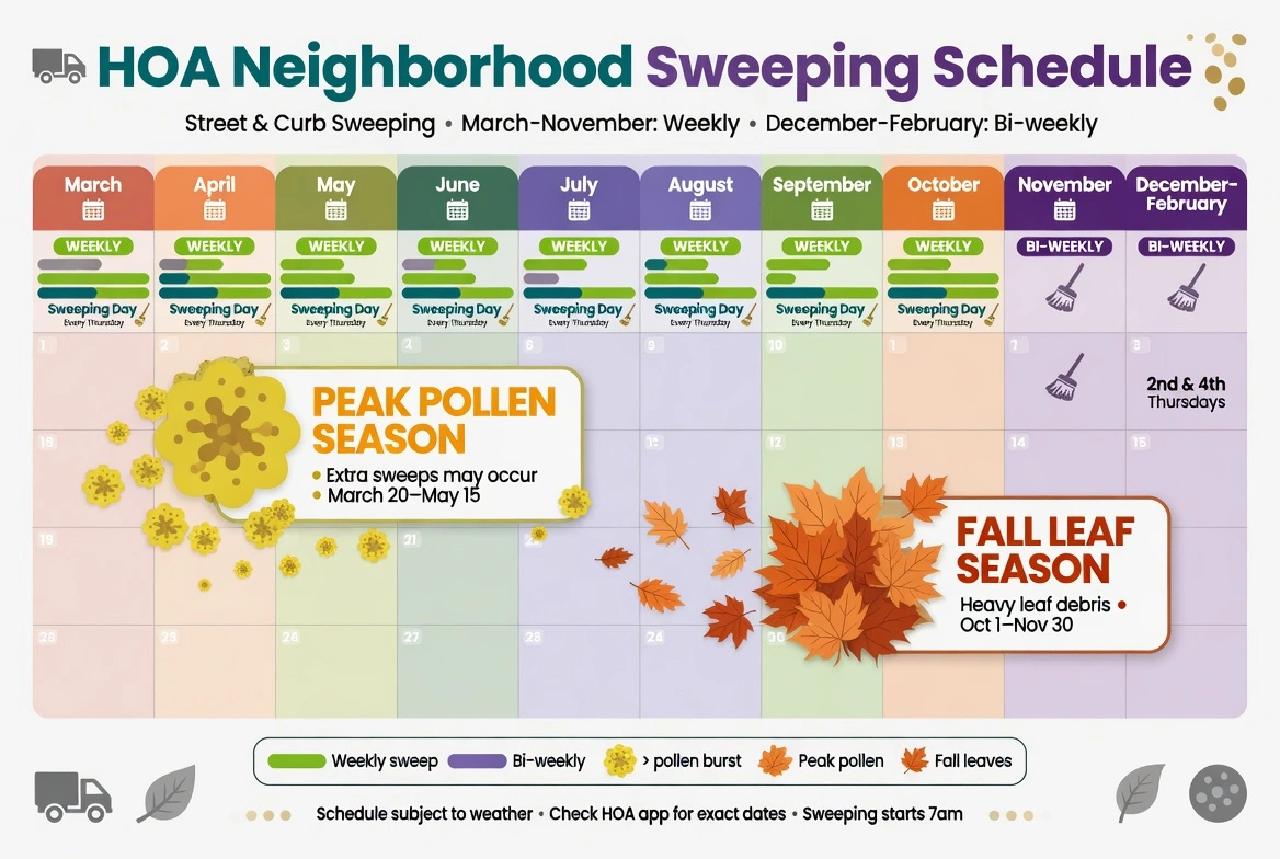 HOA Neighborhood Sweeping Schedule chart showing weekly and bi-weekly street sweeping from March to February, with peak pollen and fall leaf season highlights