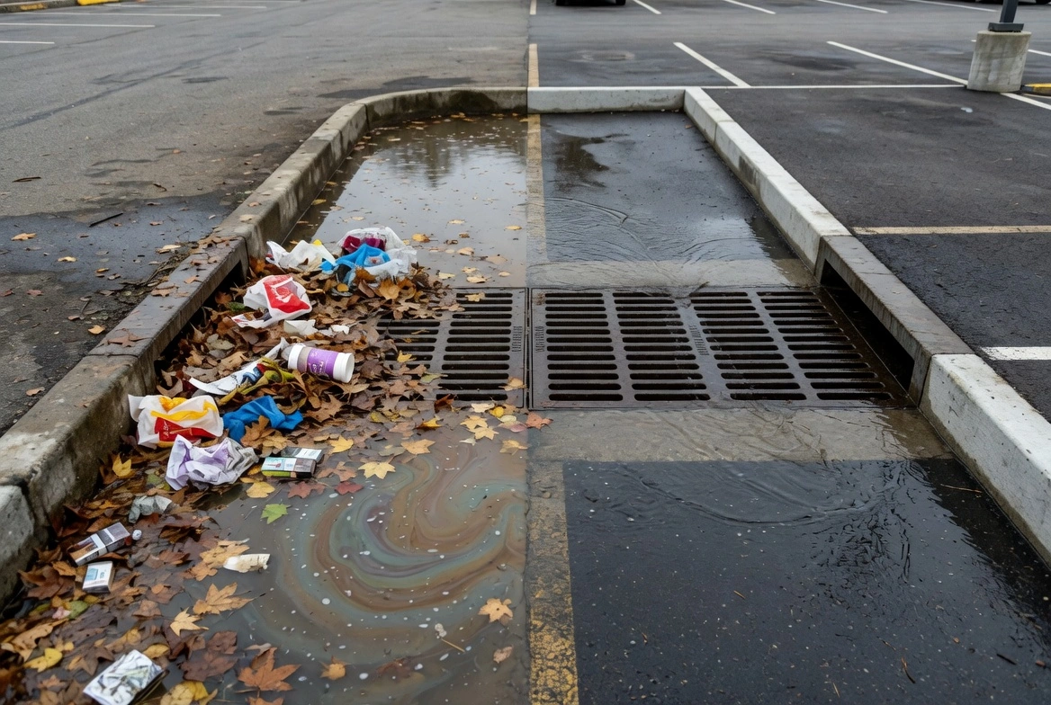 Close-up of a clogged storm drain in a parking lot filled with leaves, trash, and oily polluted water