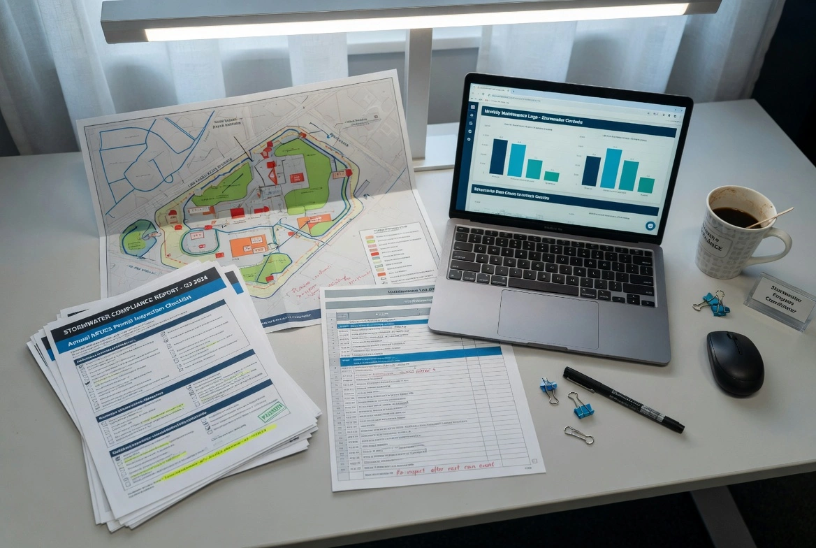Organized office desk with stormwater compliance reports, site maps, inspection checklists, laptop showing maintenance charts, and coffee mug