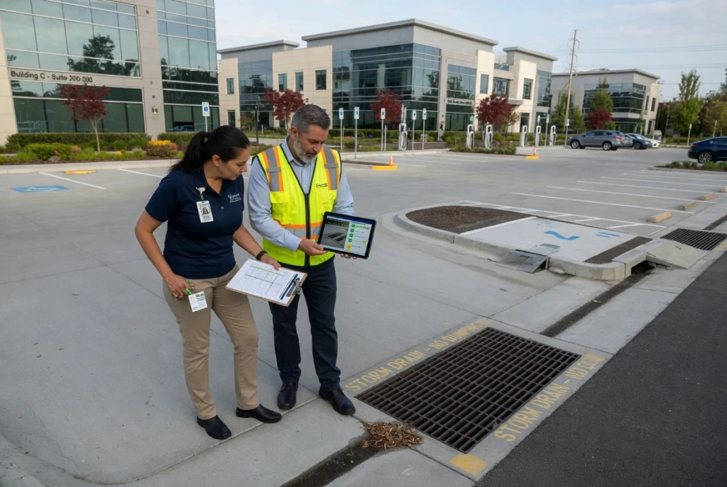 Two environmental inspectors, a woman and a man in safety vest, reviewing a tablet and documents next to a storm drain in a parking lot