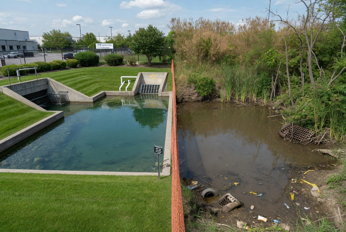 Stormwater management pond with clear water next to a polluted drainage ditch filled with trash and debris