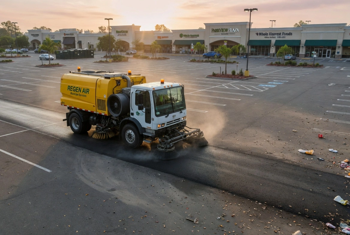 Yellow street sweeper truck cleaning a large parking lot in front of a shopping plaza at sunset, kicking up dust