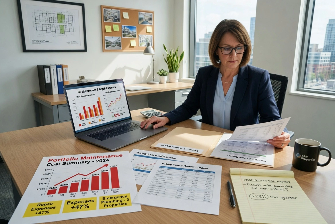 Professional woman in a blazer sitting at an office desk, reviewing maintenance cost reports and graphs on laptop and documents