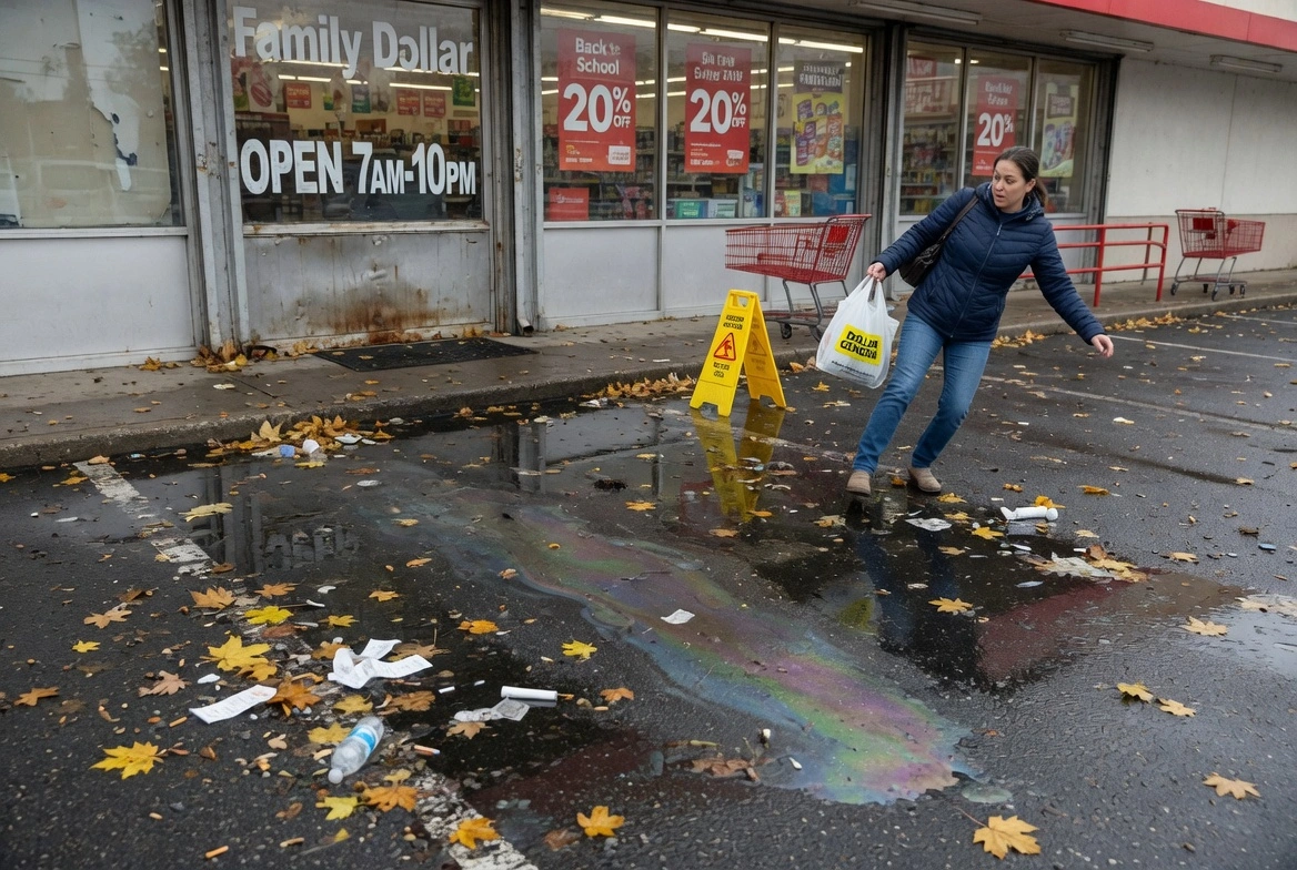 Woman in blue jacket carefully stepping over a large oily polluted puddle with trash and fallen leaves outside a Family Dollar store