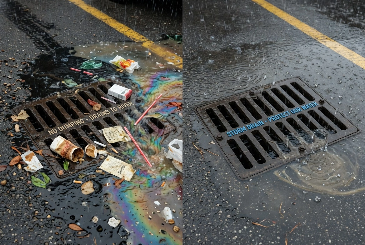 Split image of a storm drain, left side polluted with trash and oily rainbow water, right side clean with text Protect Our Water during rain