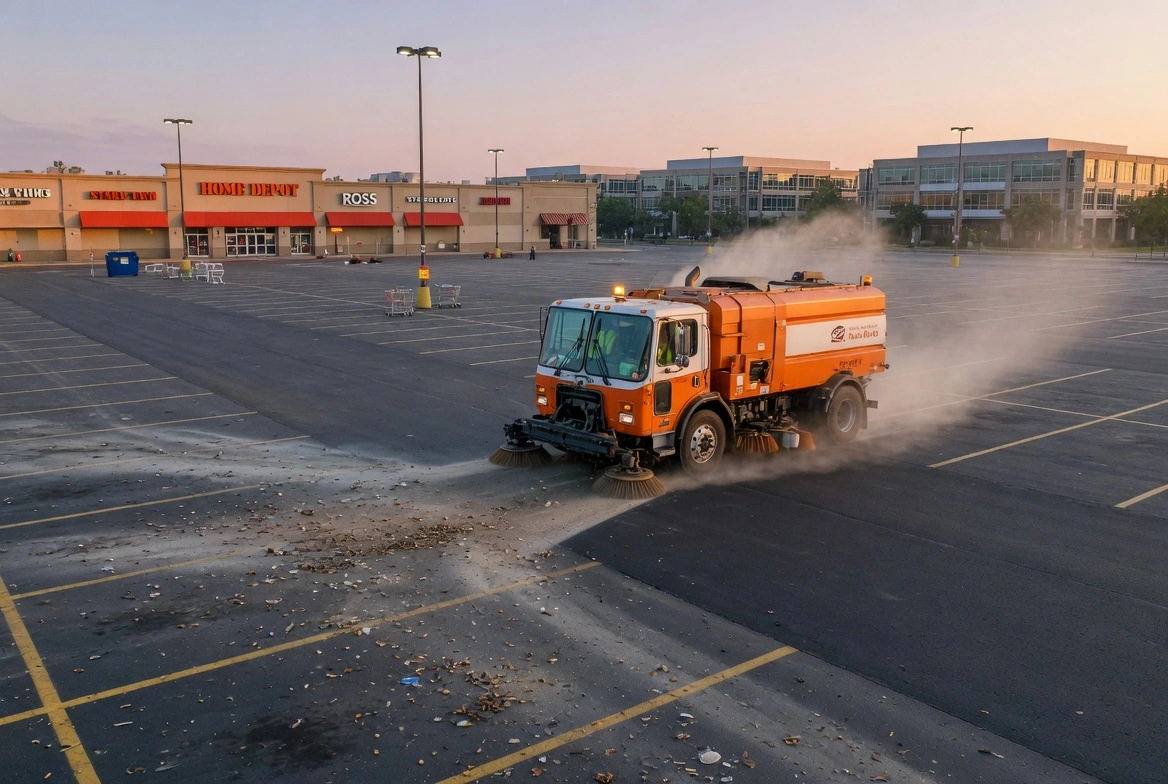 Orange street sweeper truck cleaning a large retail parking lot at sunset, kicking up dust near Home Depot and Ross stores