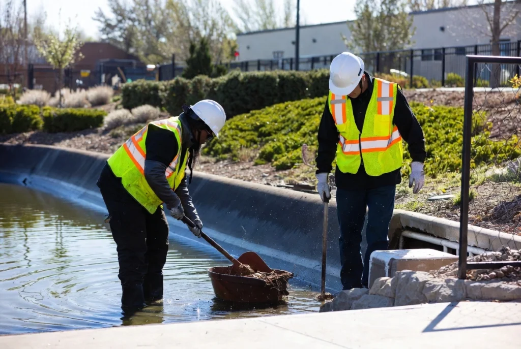 Two workers in safety gear maintaining a stormwater channel with shovels