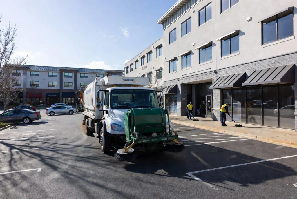 Street sweeper truck: Large green street sweeper vehicle and workers cleaning the parking lot in front of a modern office building