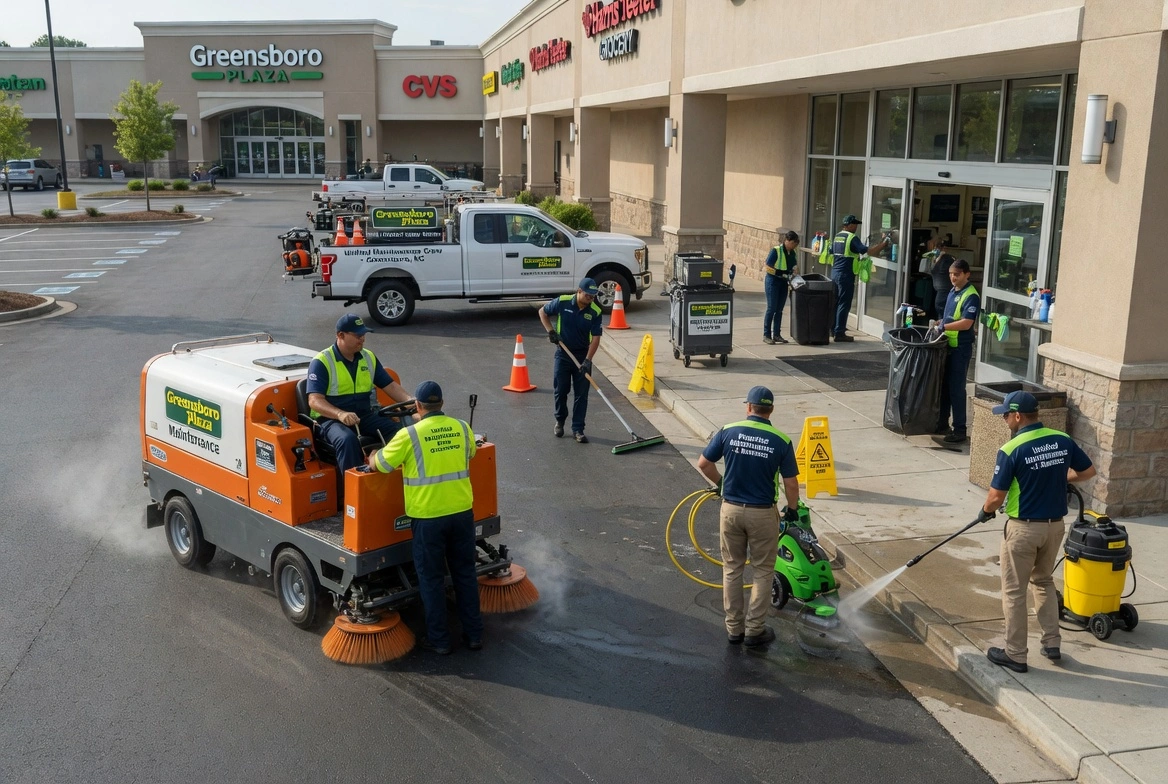 Commercial cleaning crew: Team of maintenance workers using pressure washers, sweepers, and equipment to clean a shopping plaza parking lot