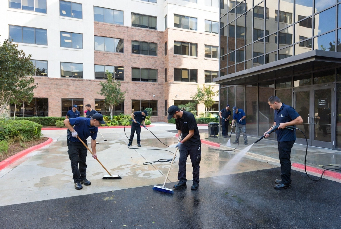 Cleaning crew in uniform pressure washing and sweeping the paved area outside an office building