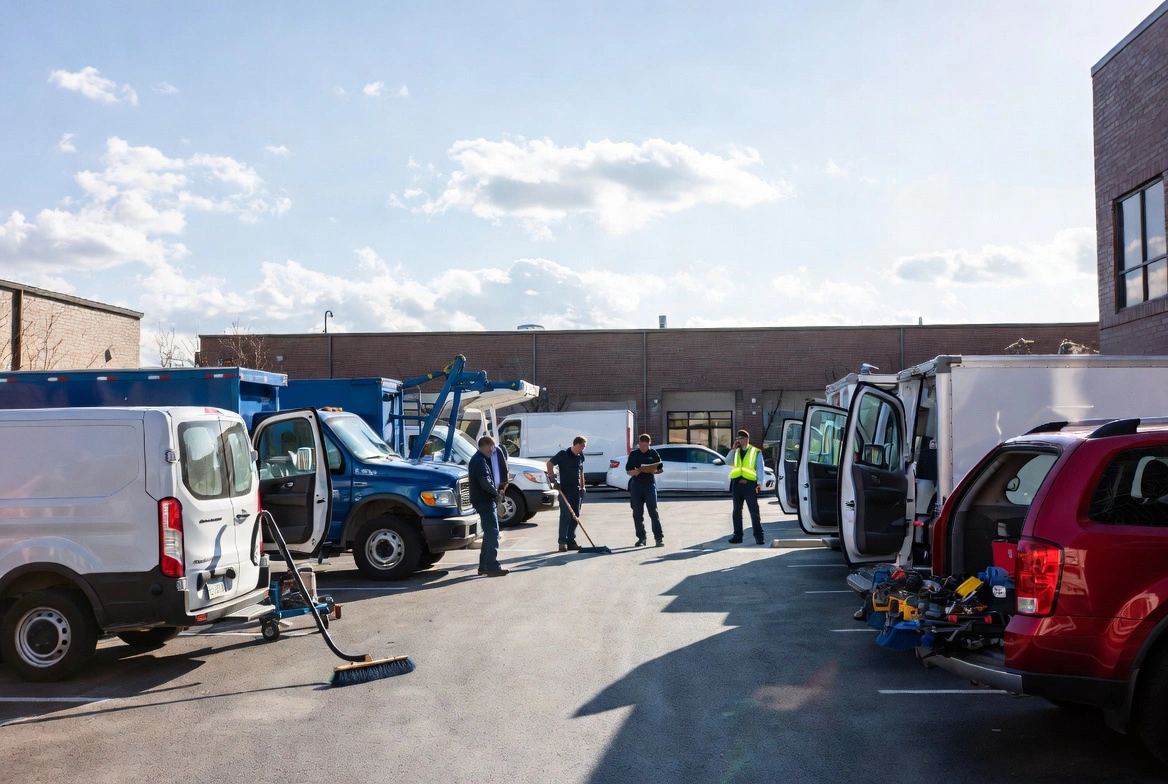 Service workers and maintenance vehicles with equipment parked in a lot next to a commercial building