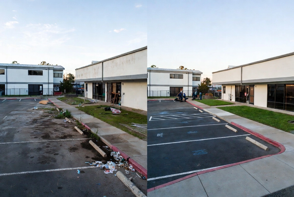 Before and after cleaning: Split-view comparison of a dirty, littered parking lot and the same area cleaned and freshly painted