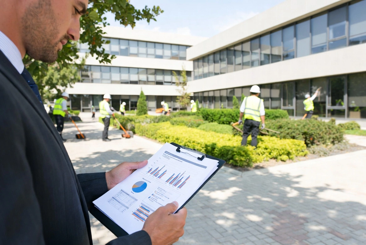 Businessman in suit reviewing charts and reports on a clipboard, with landscapers working in the background