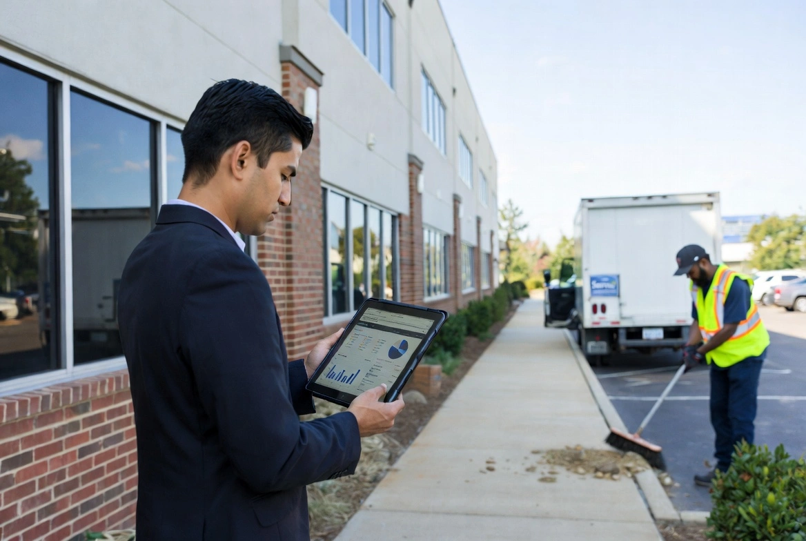Businessman with tablet: Man in a suit checking data analytics on a tablet while a worker sweeps the parking lot outside an office building