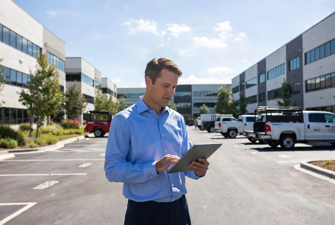 Man in blue shirt standing in a business park parking lot, using a tablet computer